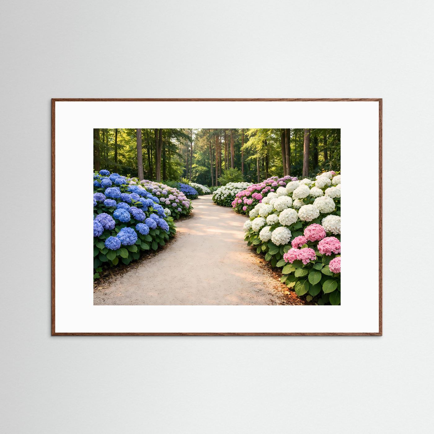 Romantischer Hortensienweg im Waldpark | Bunte Blütenpracht Natur Poster Querformat