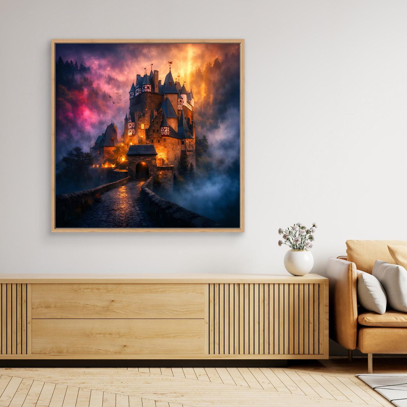 Leinwand Mystische Ritterburg im Nebel | Abstraktes Märchenschloss Wandbild
