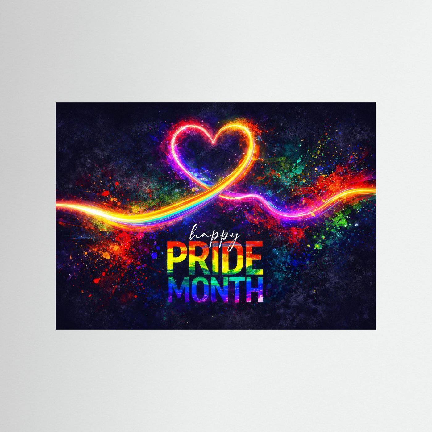 Gerahmtes Wandbild mit Regenbogenherz und Schrift „happy PRIDE MONTH“ in Neonfarben
