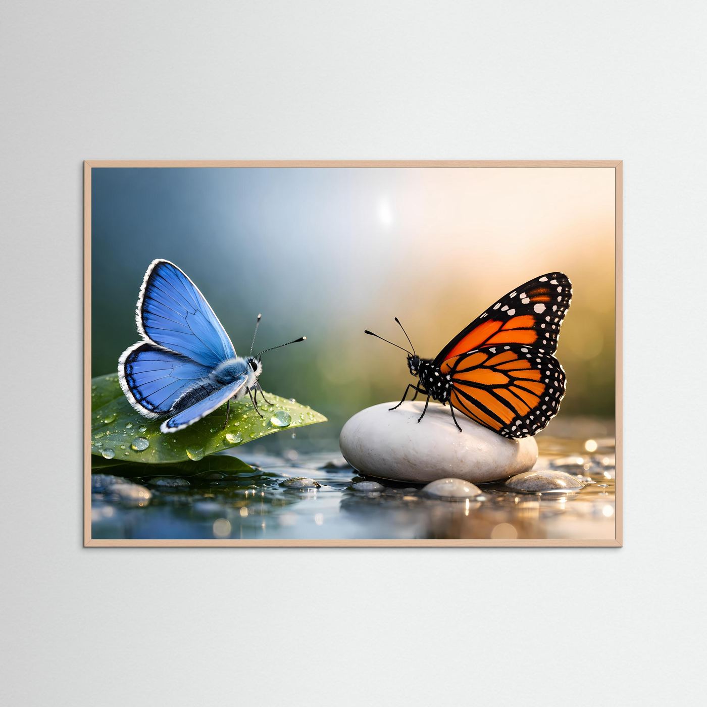 Makro-Naturposter mit blauem und orangefarbenem Schmetterling auf Blättern am Wasser