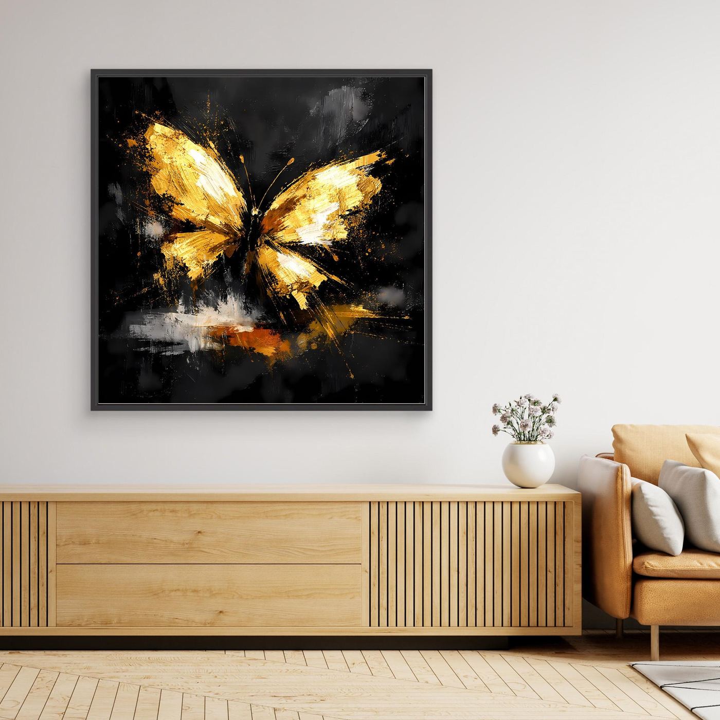 Leinwand Goldener Schmetterling Abstrakt | Modernes Insekten Wandbild Schwarz Gold