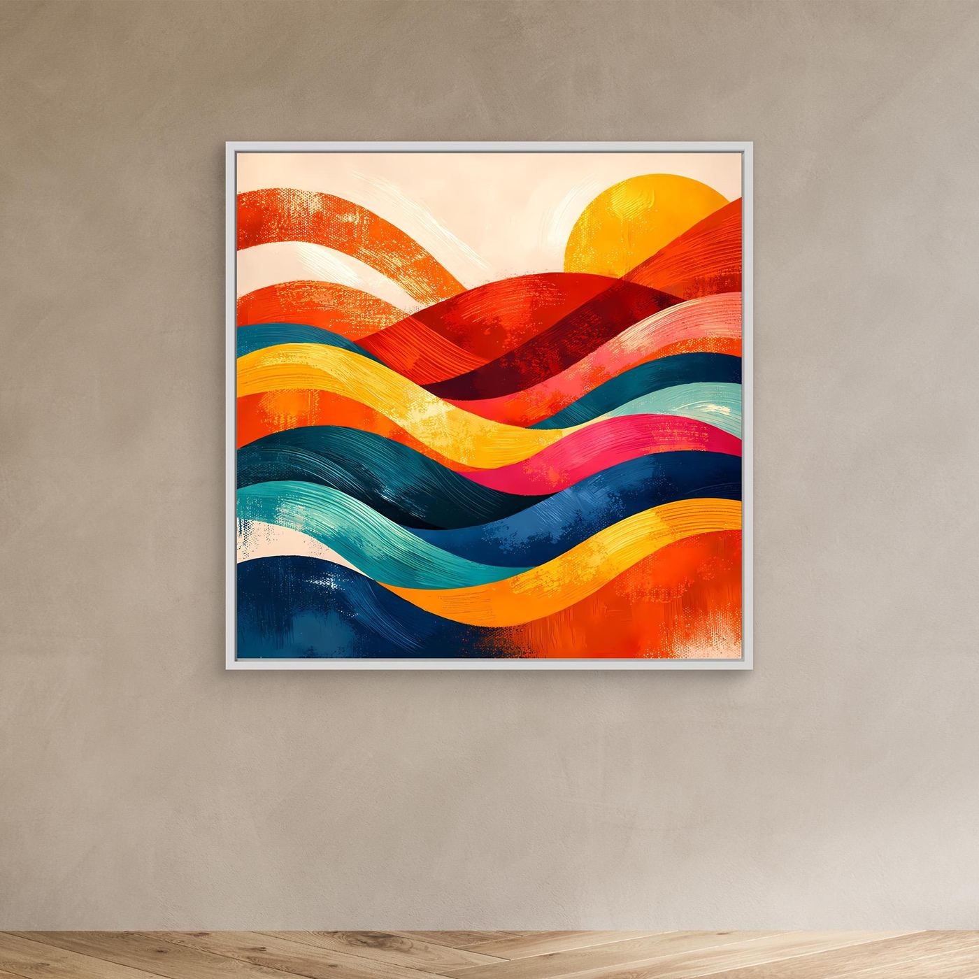 Abstraktes Wandbild mit bunten Wellen und Sonnenmotiv, weiß gerahmt