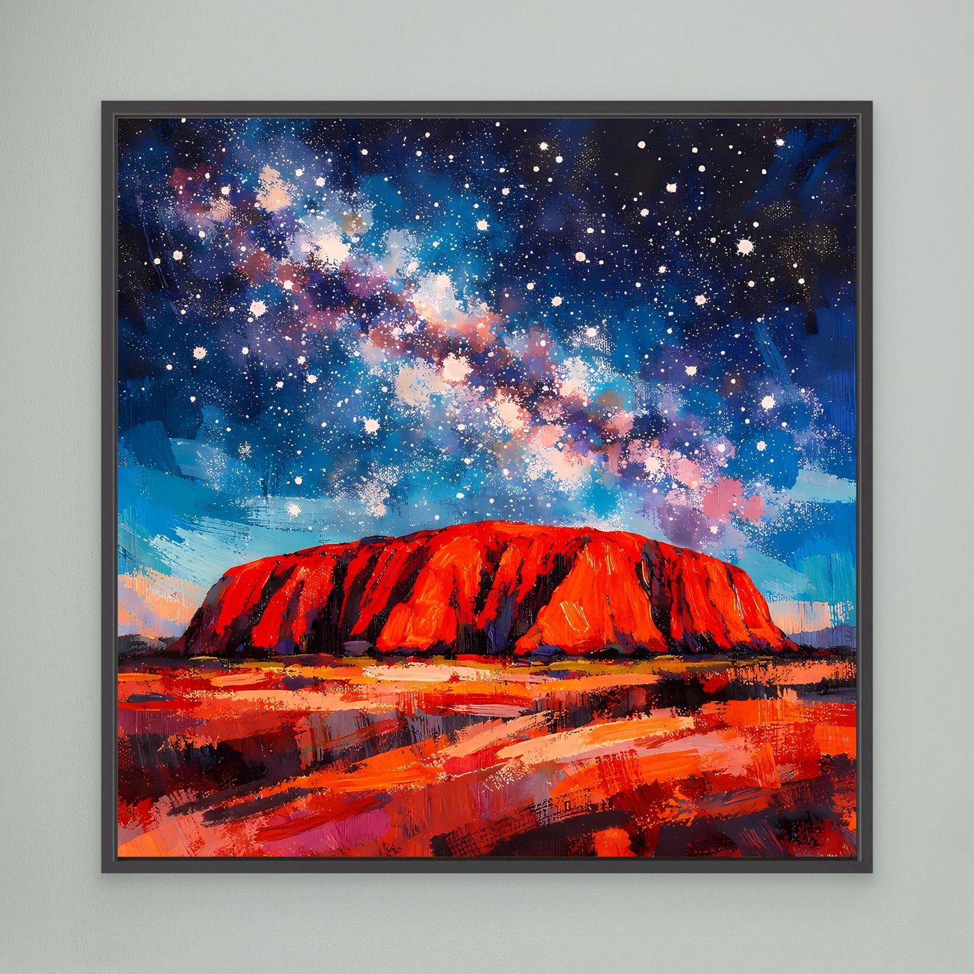 Wandbild mit Sternen und rotem Uluru, abstrakte Landschaft, dunkel gerahmt