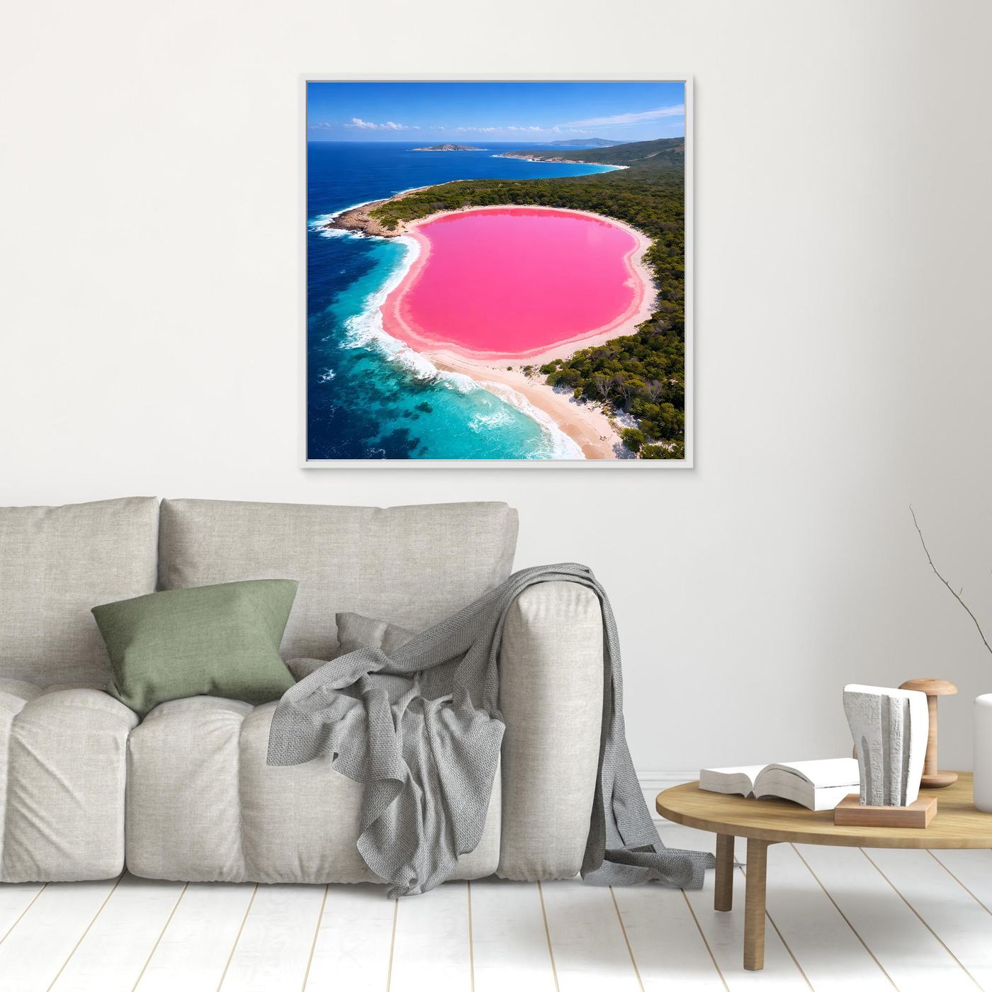 Leinwandbild mit rosa See und türkisfarbener Küste, kleines Hochformat, weißer Rahmen