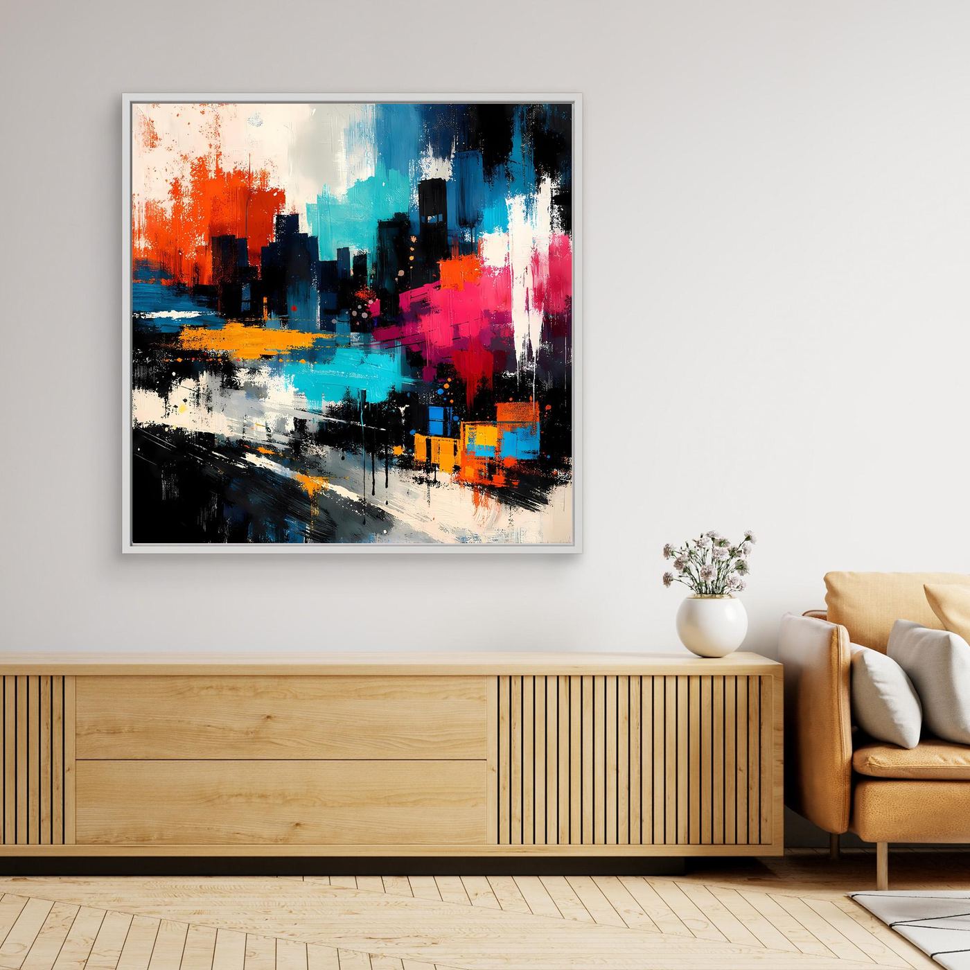Framed abstract city skyline canvas with red, blue, and magenta strokes