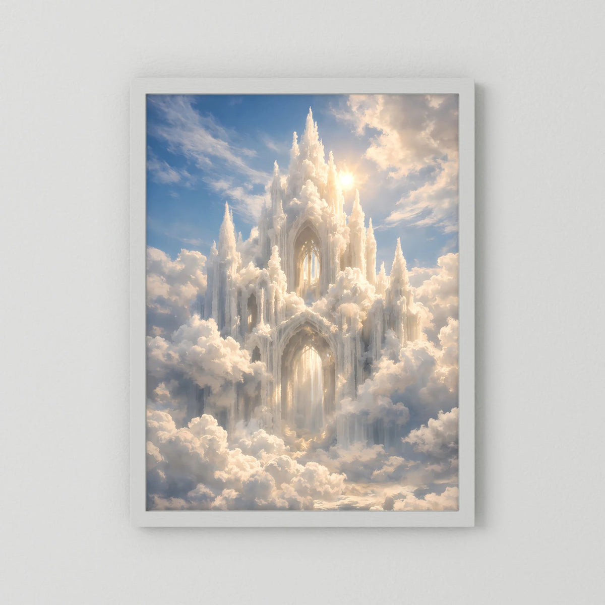 Hochformatposter mit Schloss aus Wolken und hellem Himmel, hellgrauer Rahmen