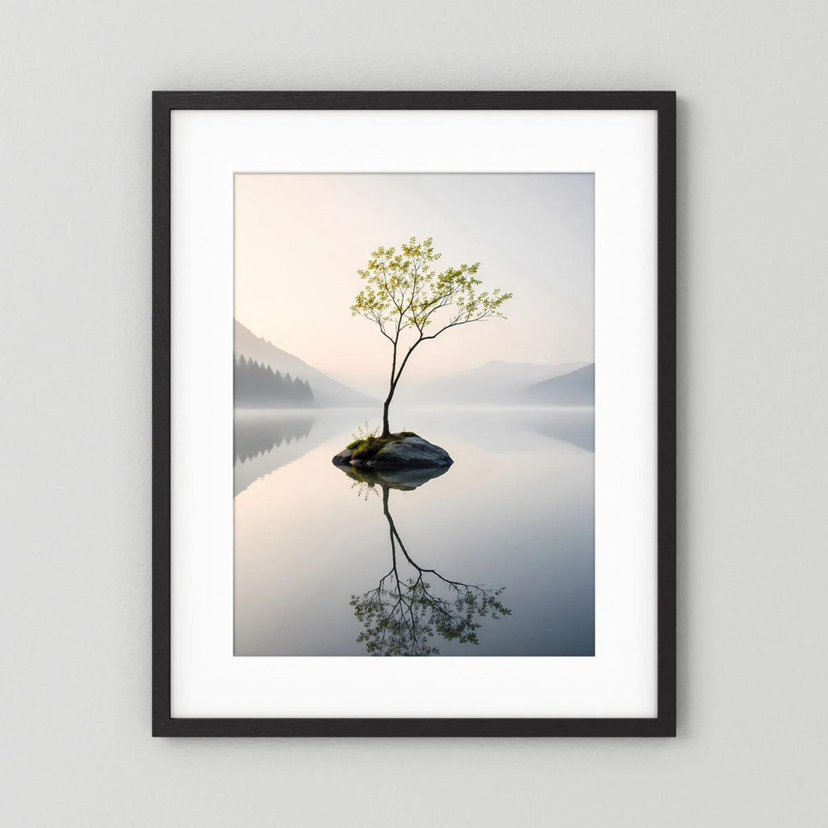 Einsamer Baum im Bergsee | Minimalistische Natur mit Spiegelung | Poster Hochformat