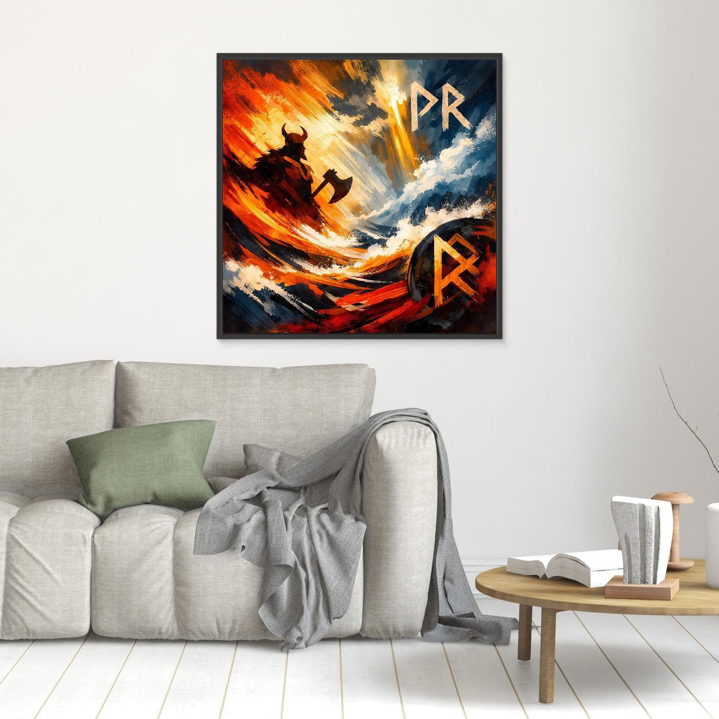 Wandbild im dunklen Rahmen: Wikingerboot, Feuerstrahlen und Runen auf Leinwand