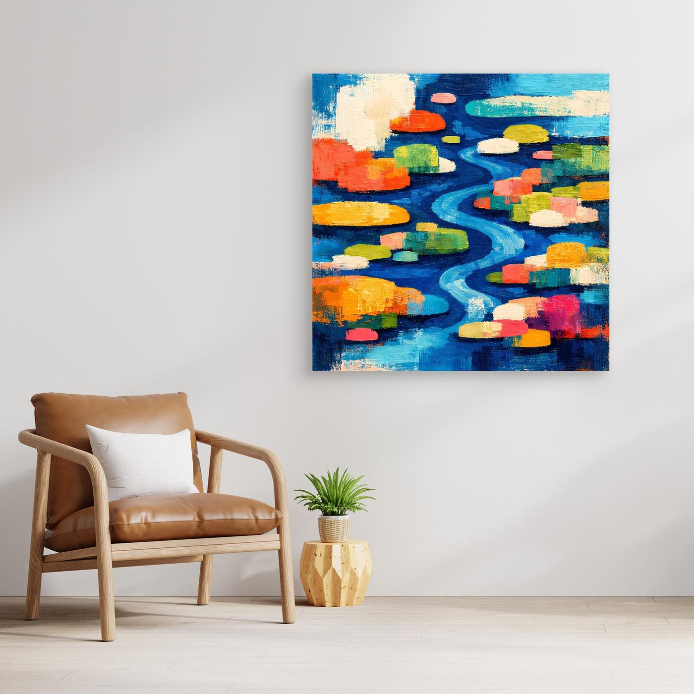 Leinwand-Wandbild mit abstraktem Flusslauf und bunten Seerosenformen in Blau