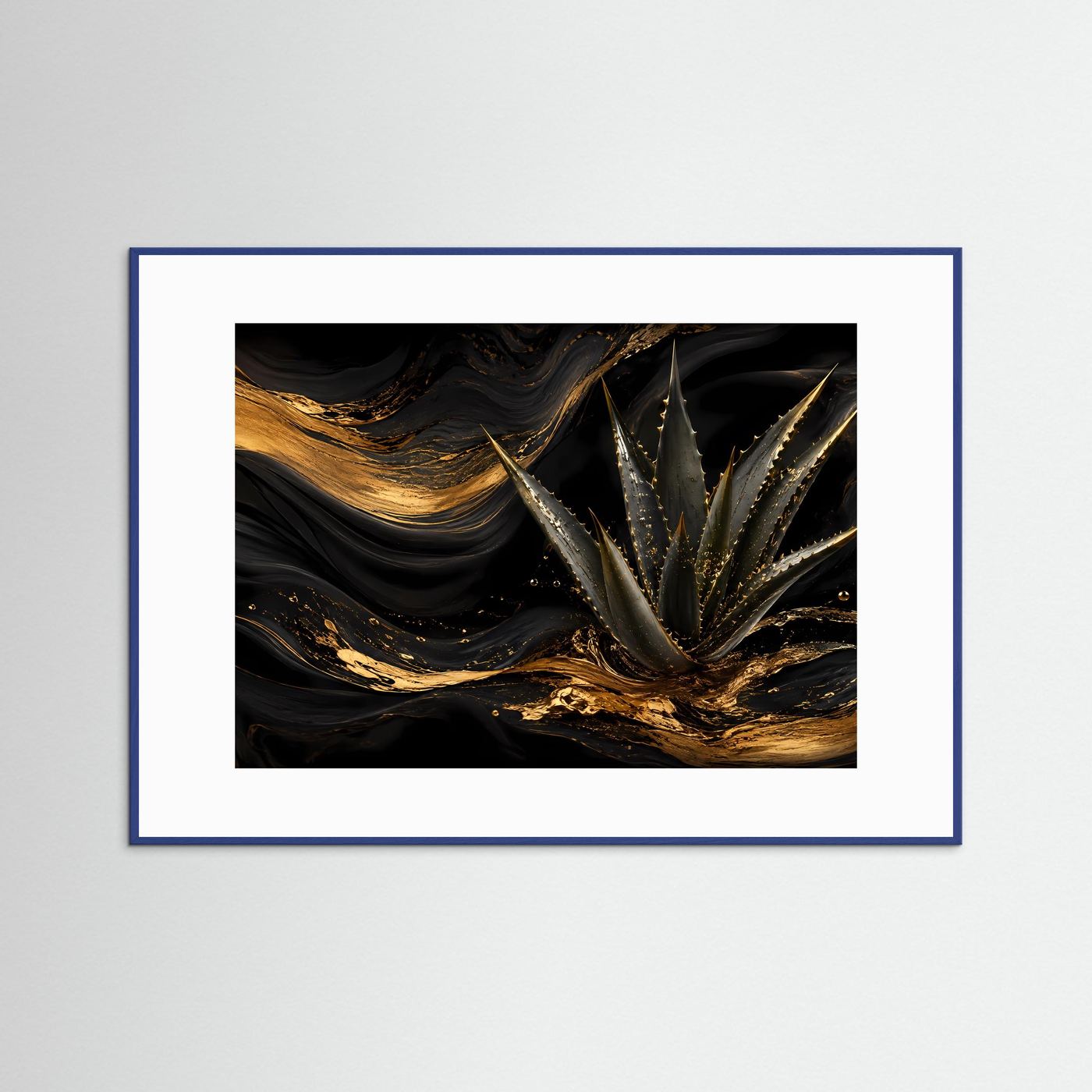 Poster: abstrakte Aloe Vera, schwarz-goldenes Bild, blauer Rahmen (Querformat)