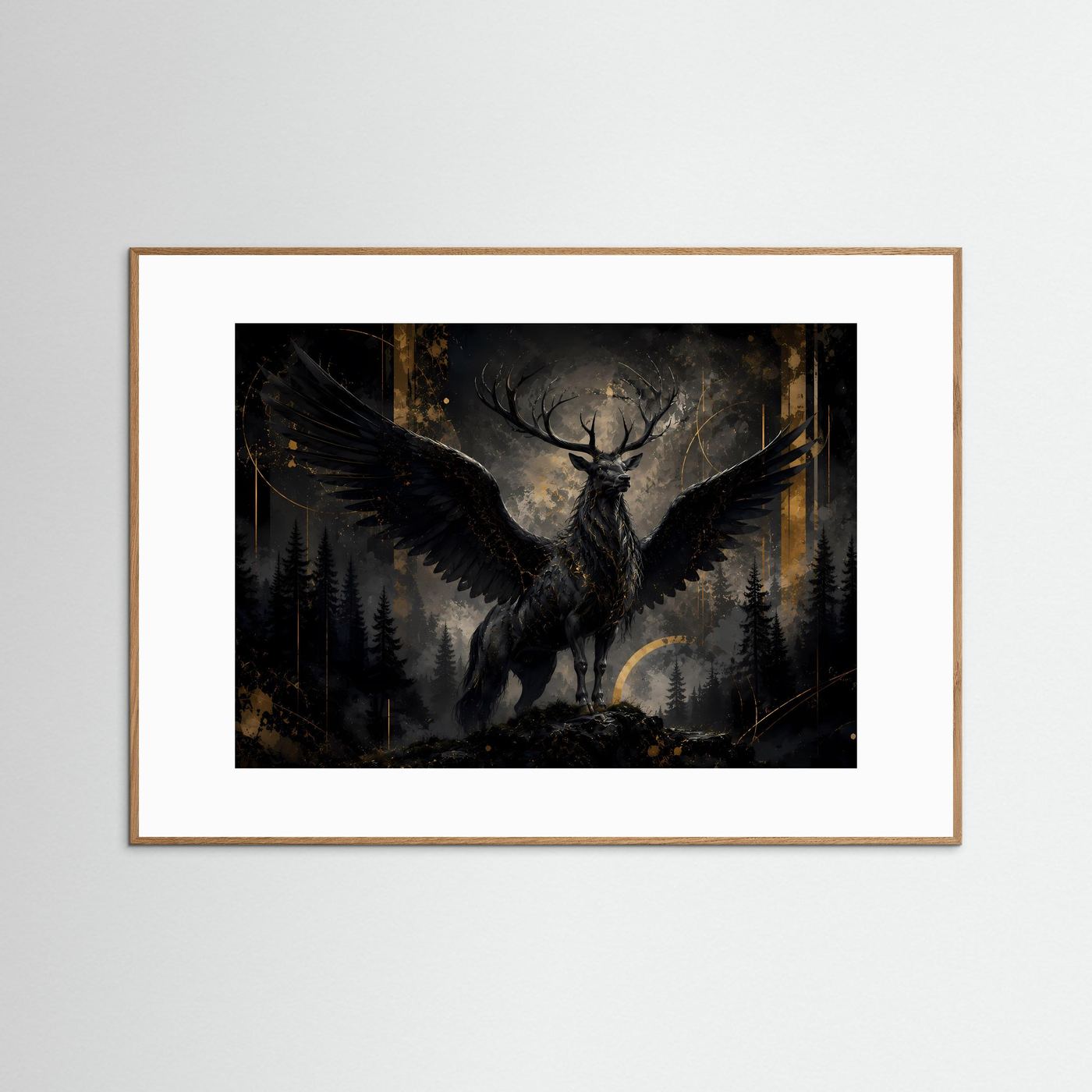 Mystischer schwarzer Hirsch mit Flügeln | Fantasy Poster im Wald | Edles Wandbild Schwarz & Gold Querformat