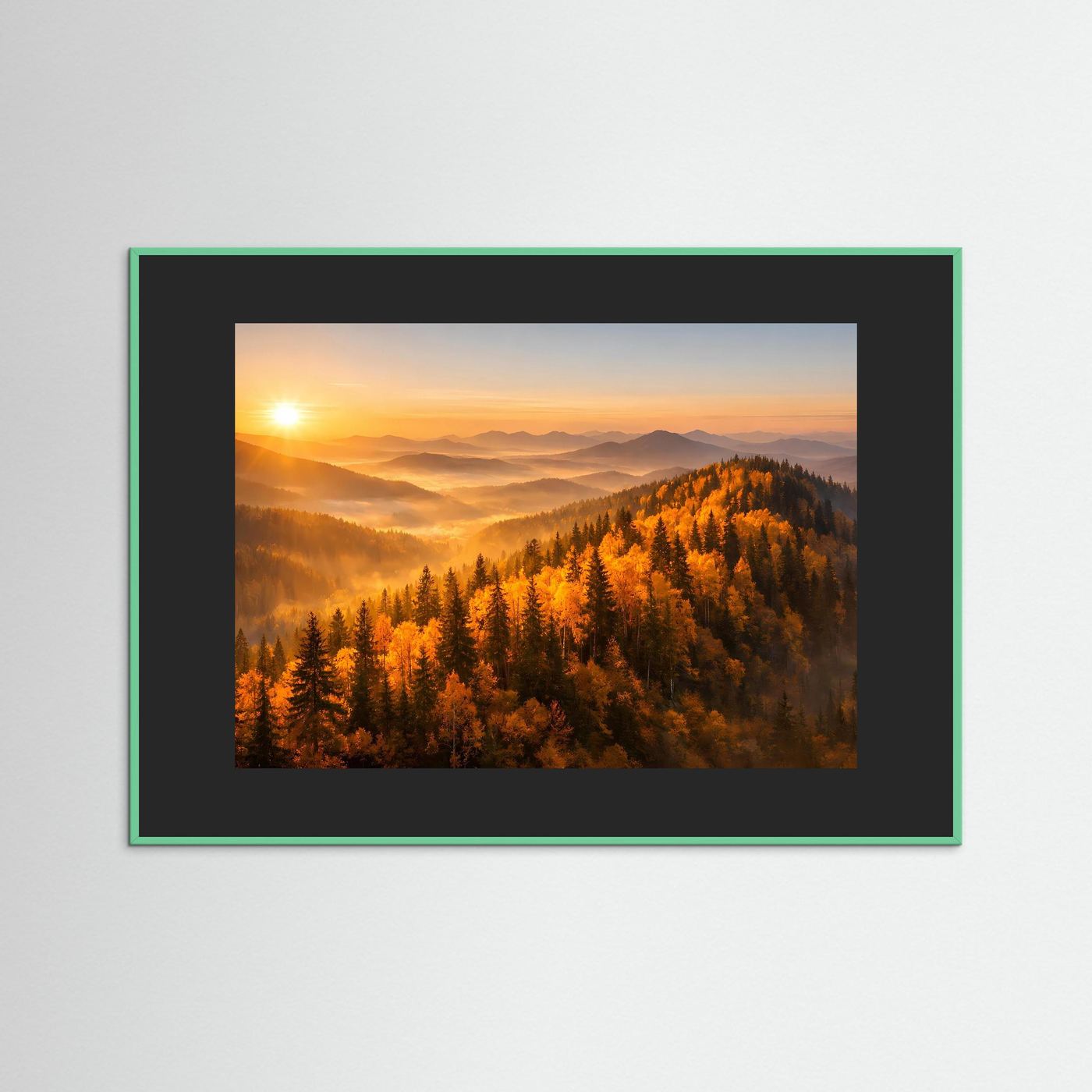 Wandposter mit Herbstwald- und Berglandschaft, Sonnenaufgang, dunkel gerahmt