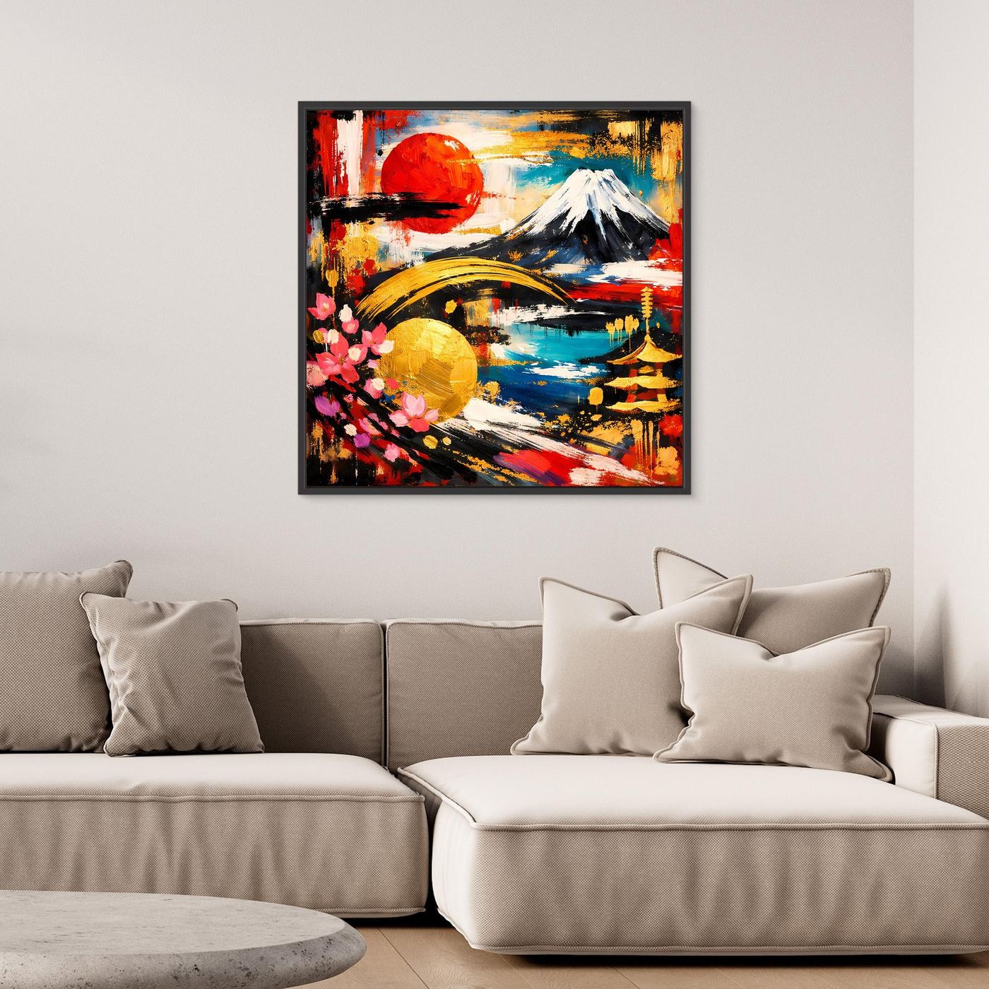 Gerahmtes Leinwandbild: abstrakter Fuji mit Kirschblüten, schwarze Umrandung