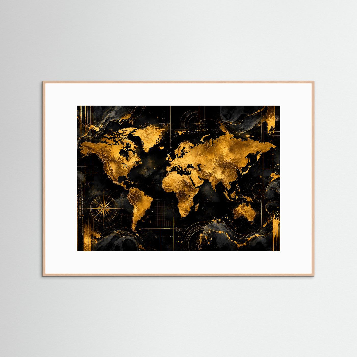Weltkarte-Poster im hellbraunen Holrahmen, abstrakte Weltkarte in Schwarz und Gold, quer