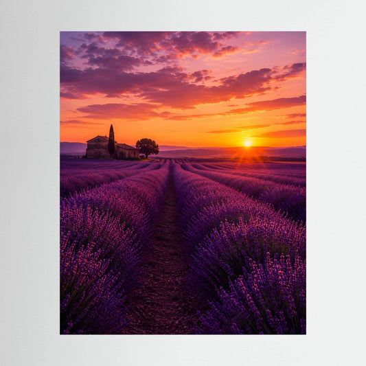 Unrahmtes Landschaftsposter mit violettem Lavendelfeld und goldenem Sonnenuntergang