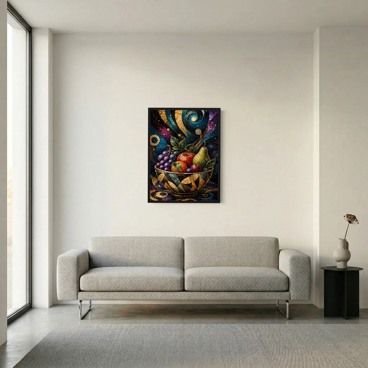 Hochformat-Poster mit bunter Obstschale im Mosaikstil und goldenen Ornamenten, schwarz umrandet