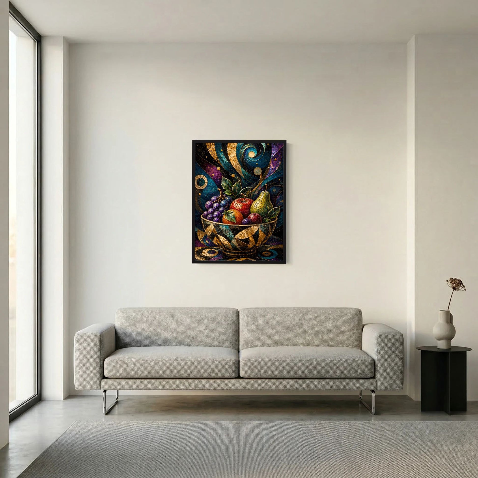 Hochformat-Poster mit bunter Obstschale im Mosaikstil und goldenen Ornamenten, schwarz umrandet