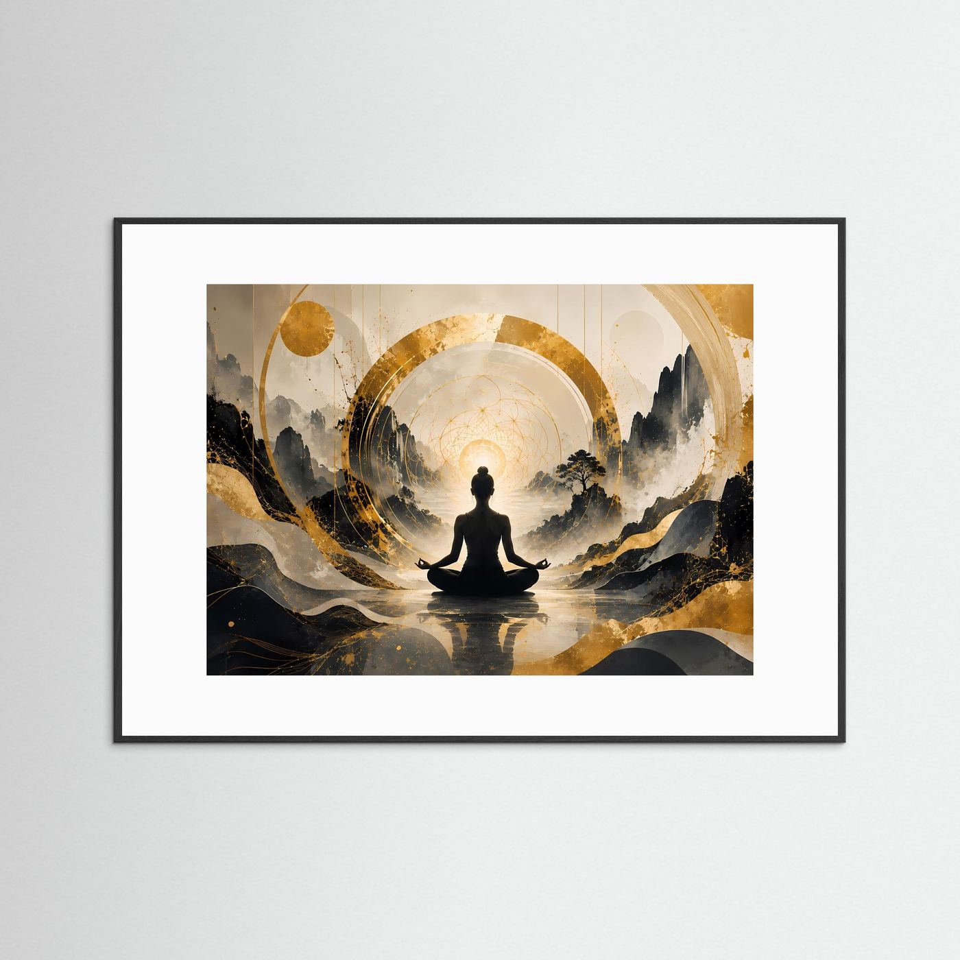 Meditierende Frau in Berglandschaft | Spirituelle Kunst in Schwarz & Gold