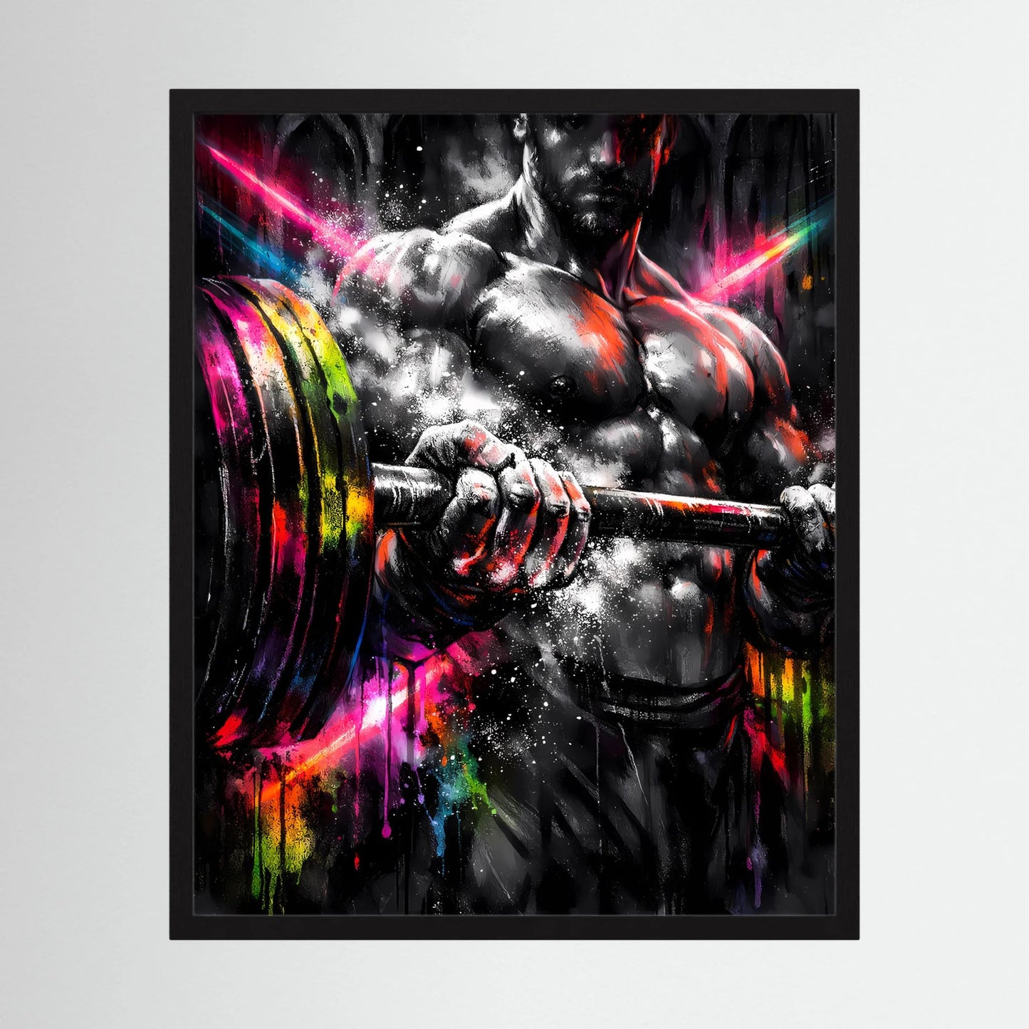 Gerahmtes Kunstposter (Hochformat): Bodybuilder mit Langhantel, Neon-Lichtstrahlen und Farbspritzer