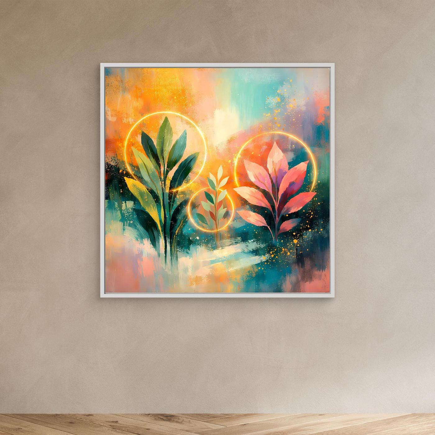 Leinwand-Wandbild mit leuchtenden Pflanzen und goldenen Kreisen, weißer Rahmen