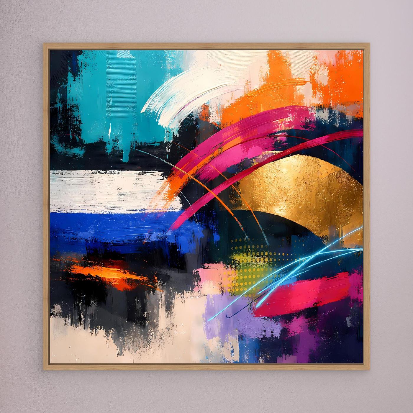Leinwandbild Abstrakt mit Goldkreis, Orange-Blau-Akzenten und Eichenholzrahmen