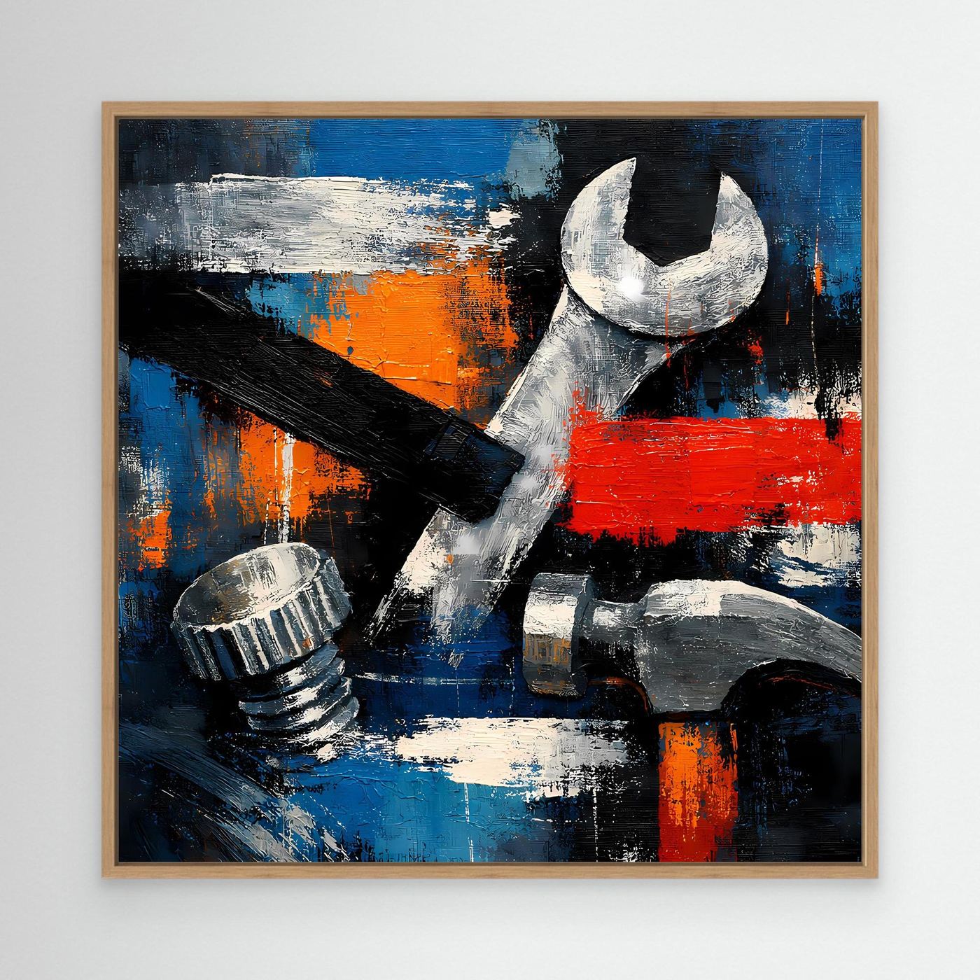 Abstract tools canvas wall art with wrench in oak frame, red and blue paint strokes
