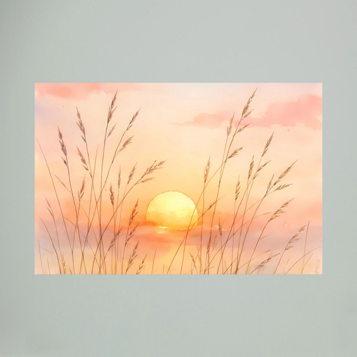Nahansicht des Querformat-Wandbilds: goldene Sonne im Aquarellhimmel mit Gras