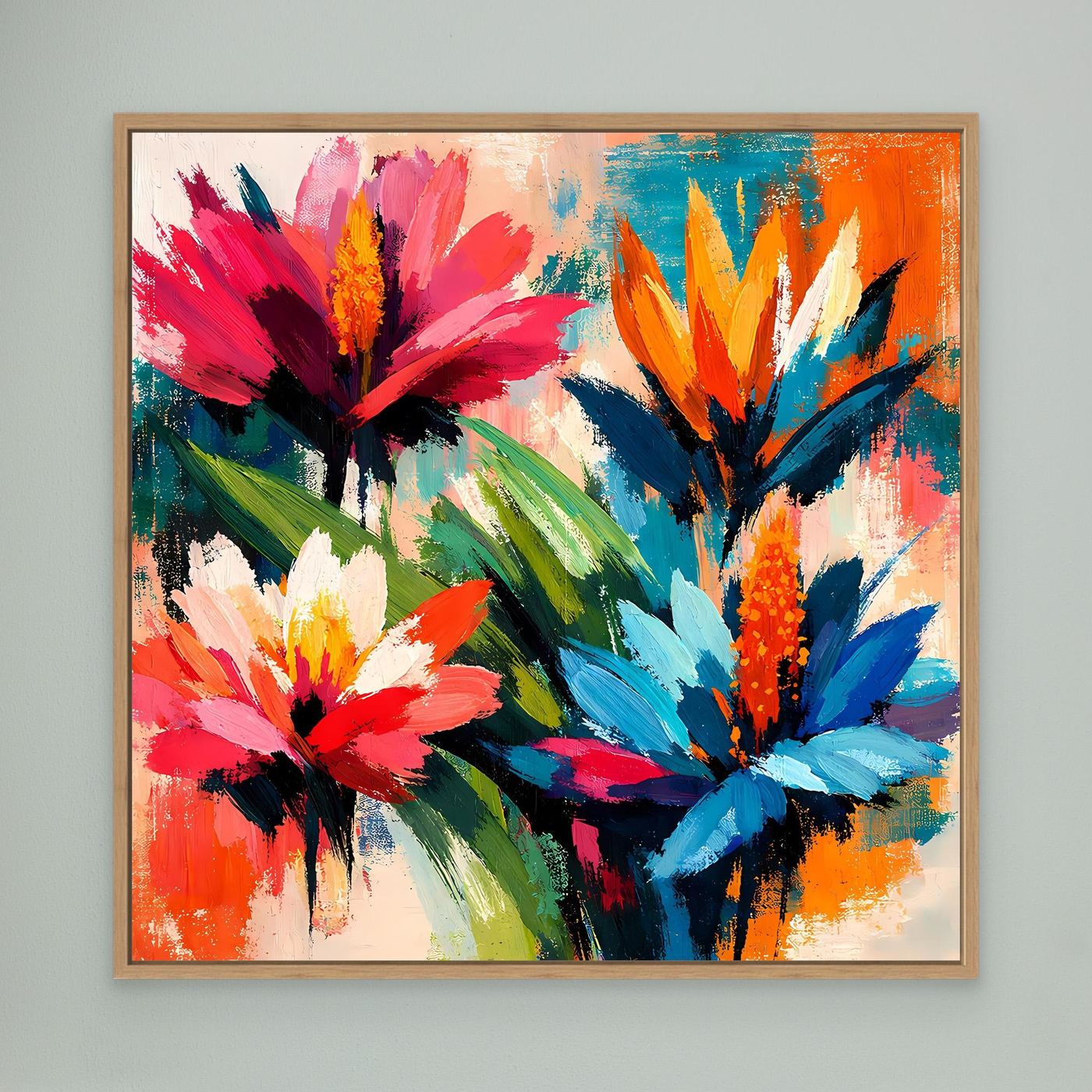 Canvas abstract tropical flower wall art with light wood frame, multicolor blossoms