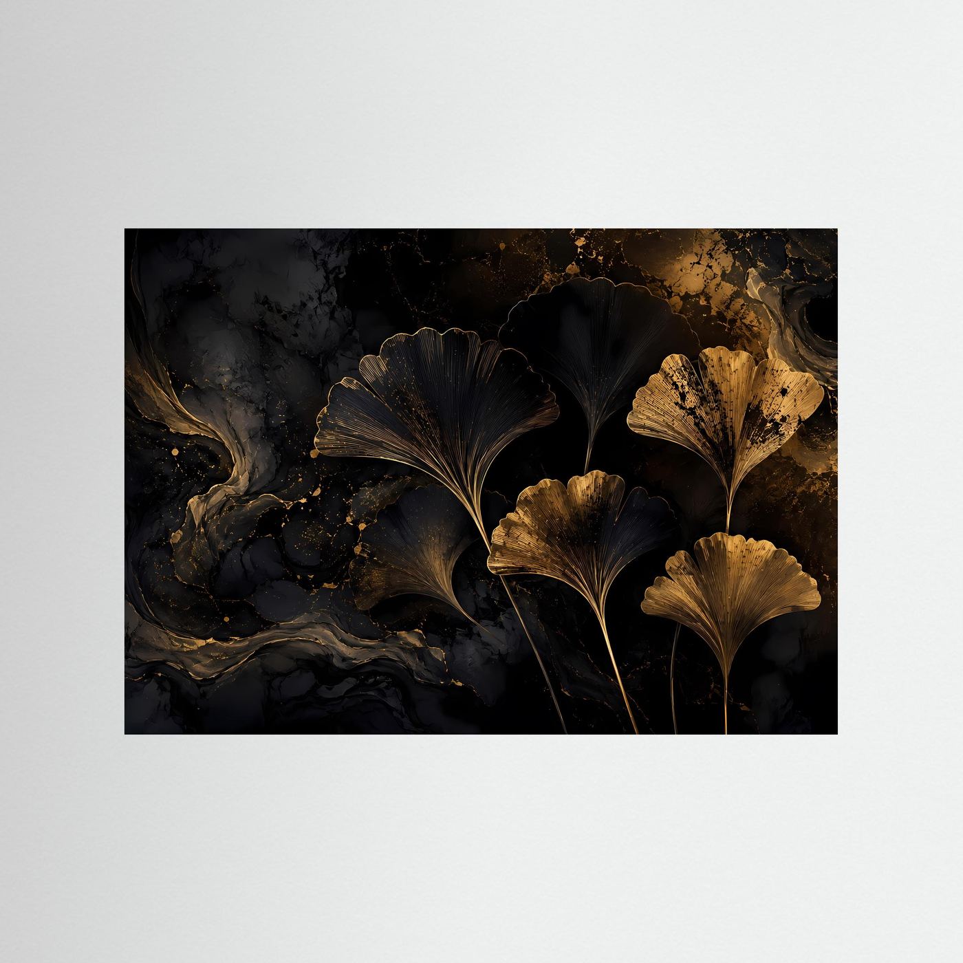 Ginkgo Poster Gold Schwarz | Abstrakte Botanische Wandkunst | Elegante Ginkgo Blätter | Luxuriöses Leinwandbild | Moderne Fine Art | Gold Wanddeko