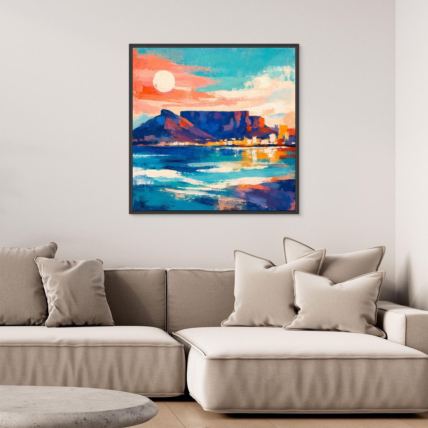 Abstraktes Leinwandbild mit blauem Meer und Sonnenhimmel, dunkler Rahmen