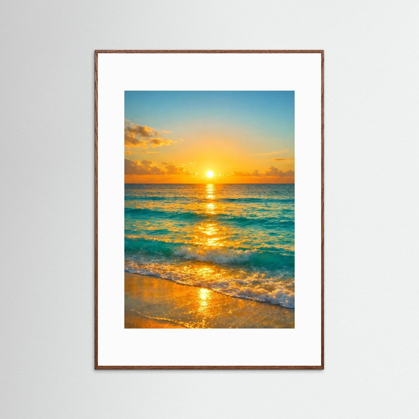 Meerlandschafts-Poster: türkisfarbener Ozean, goldene Sonne beim Sonnenuntergang, brauner Rahmen