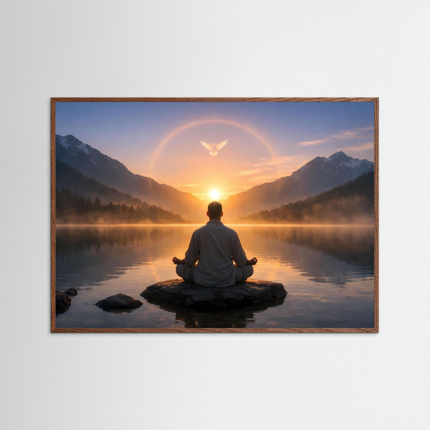 Gerahmtes Poster mit meditierender Person am Bergsee beim Sonnenaufgang, in hellem Holrahmen