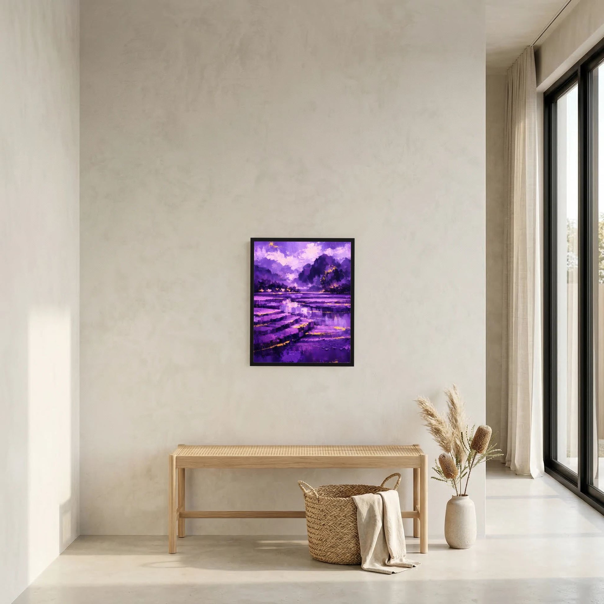 Kleines, schwarz gerahmtes Poster im Hochformat mit violetter Berg- und Flusslandschaft