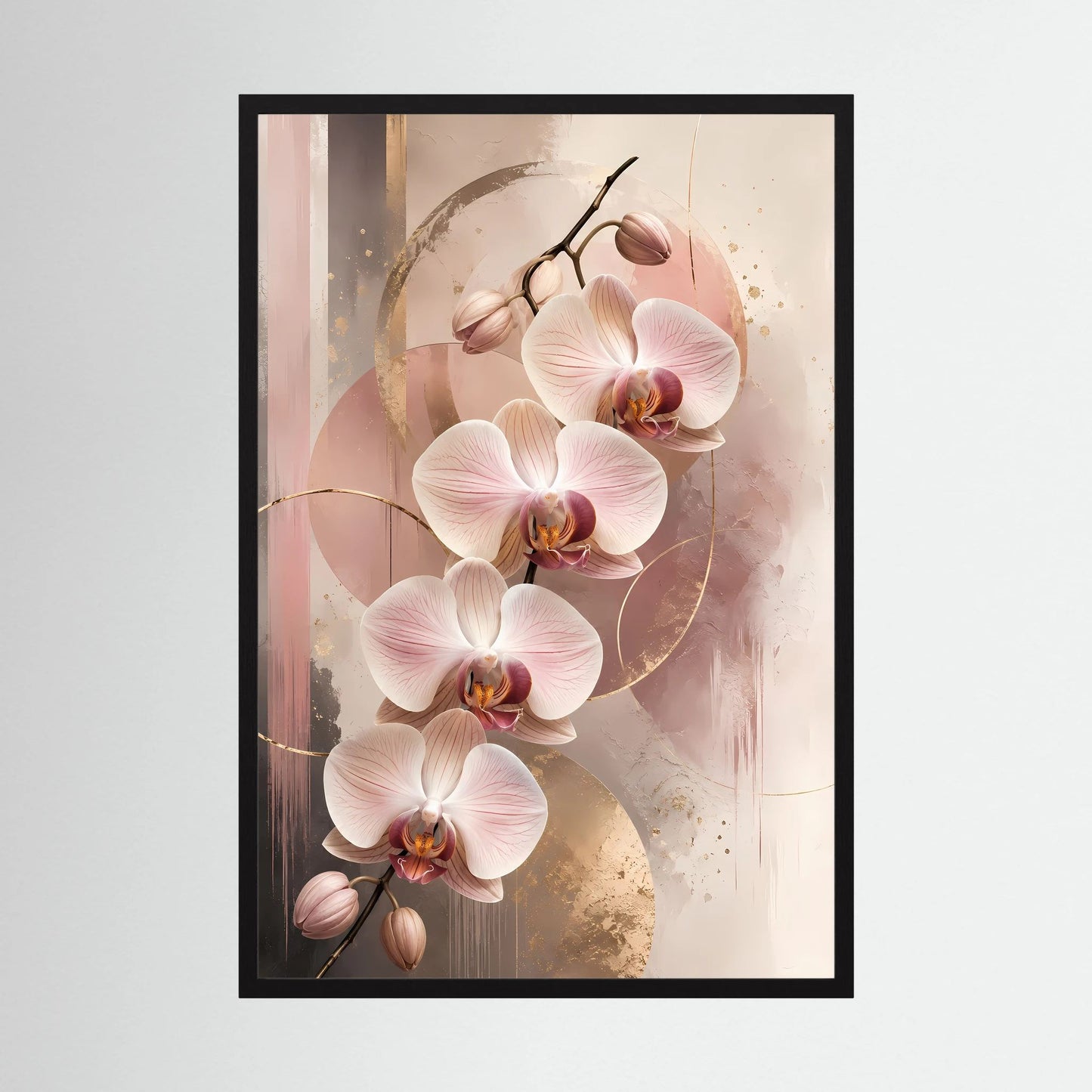 Gerahmtes Poster mit roséfarbenen Orchideen und Goldakzenten, Hochformat
