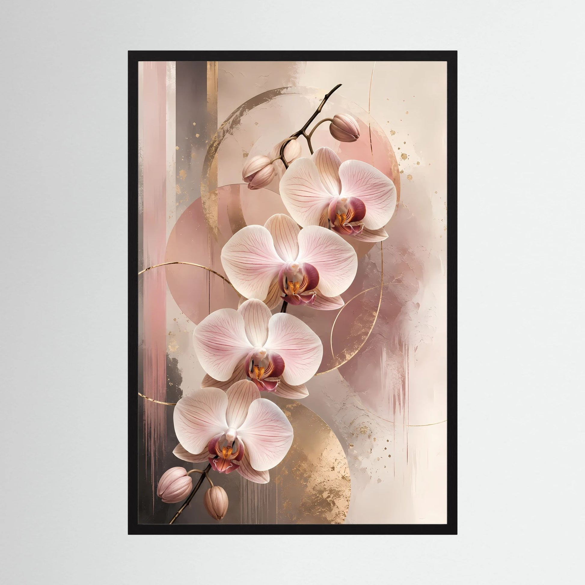 Gerahmtes Poster mit roséfarbenen Orchideen und Goldakzenten, Hochformat
