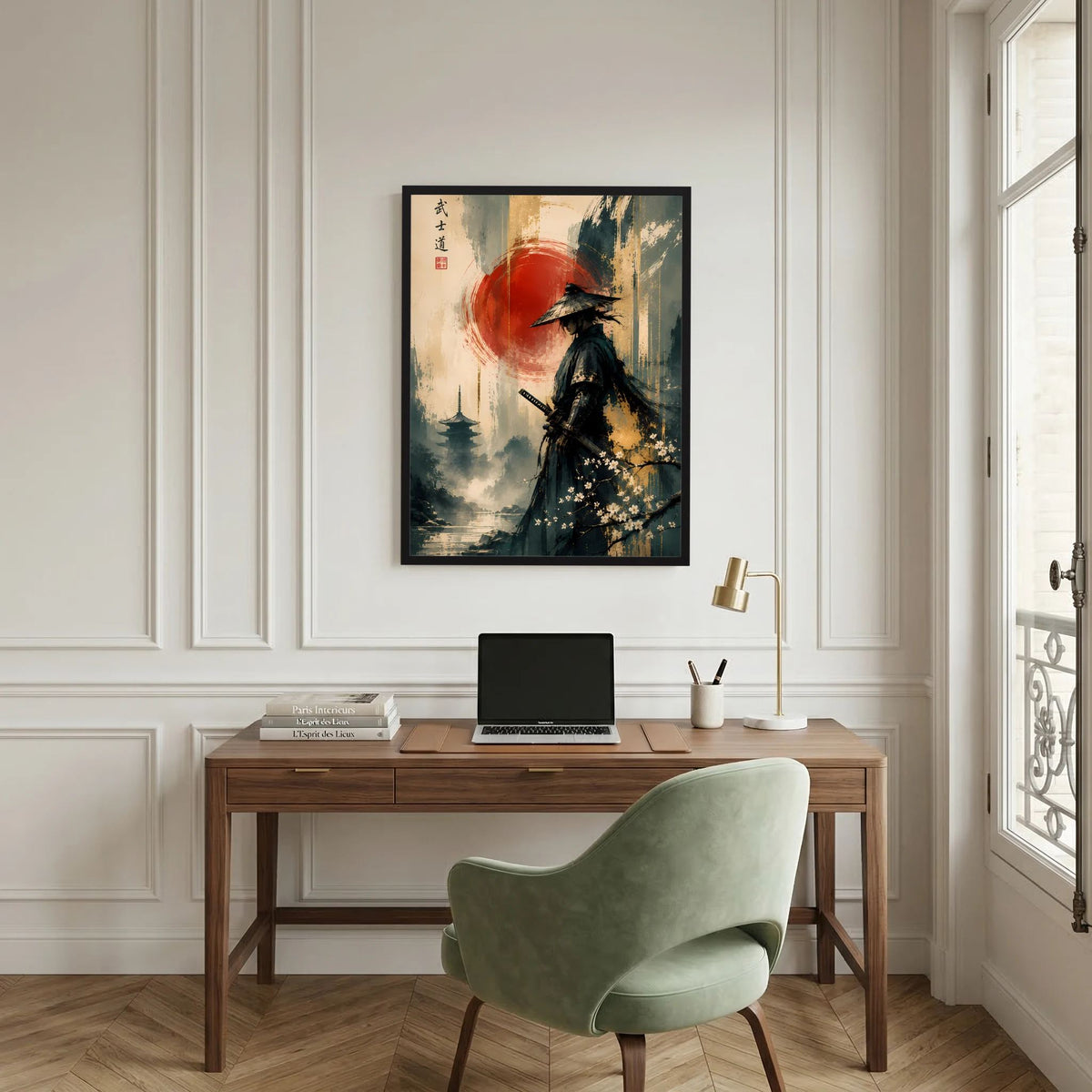 Gerahmtes Poster mit Samurai im dunklen Gewand vor roter Sonne, Landschaftselemente.
