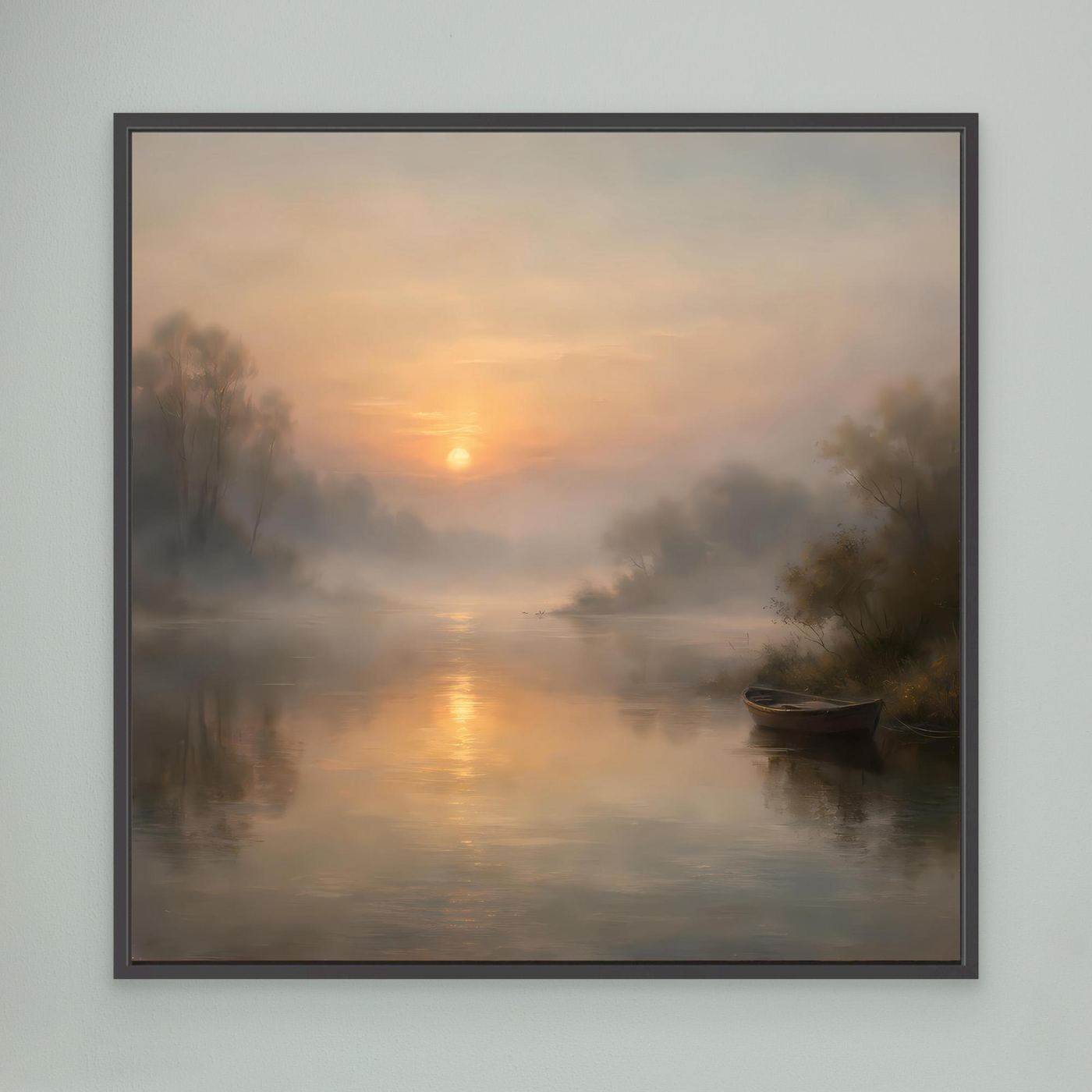 Leinwandbild mit schwarzem Rahmen: nebliger Flussmorgen, Sonnenaufgang, Boot im Wasser