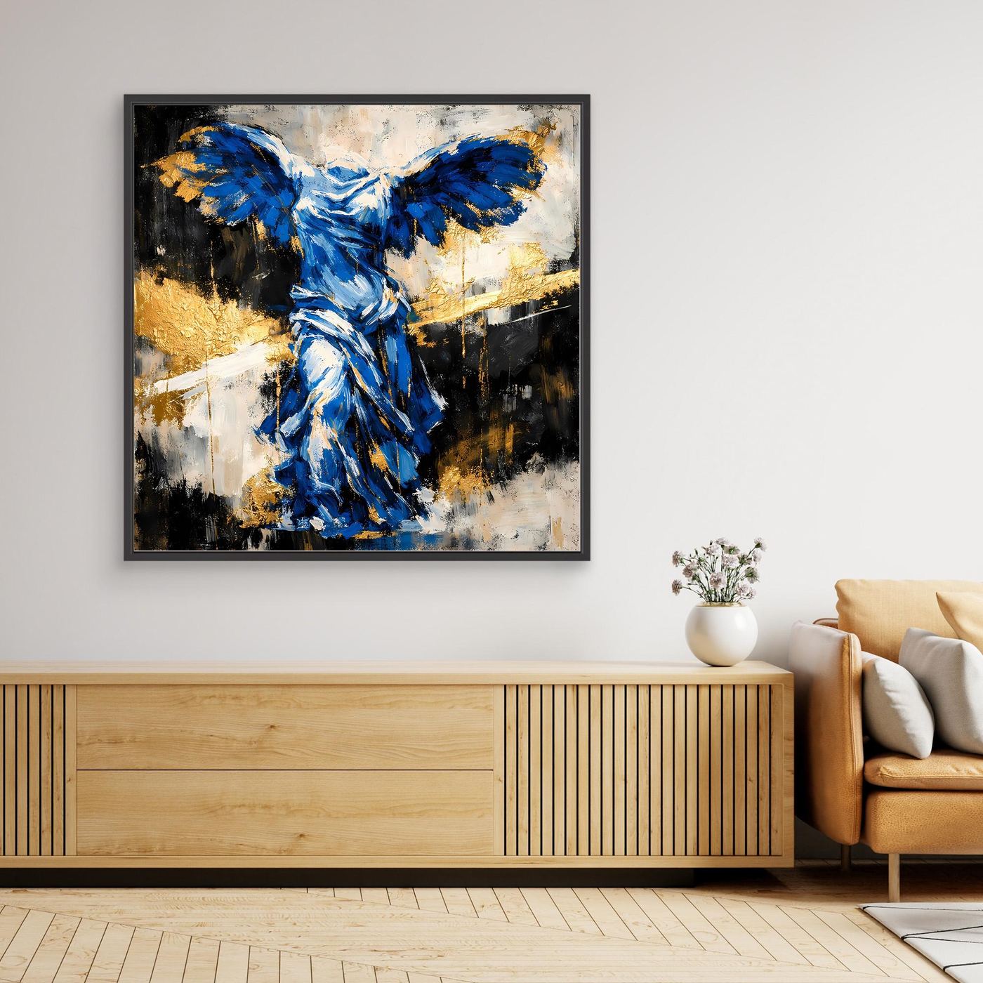 Leinwand Nike von Samothrake in Blau | Abstraktes Skulpturen Wandbild Gold