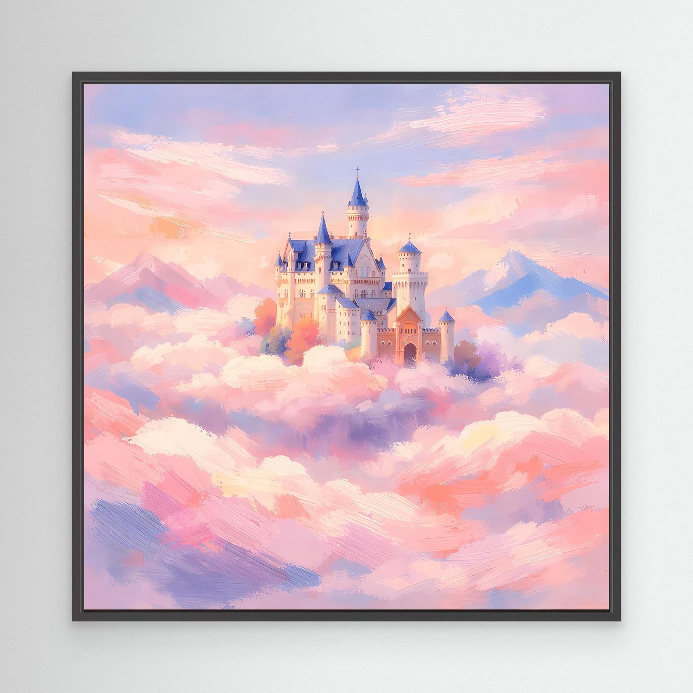Leinwand Schloss Neuschwanstein über Wolken | Märchenhafte Pastelltöne Wandbild