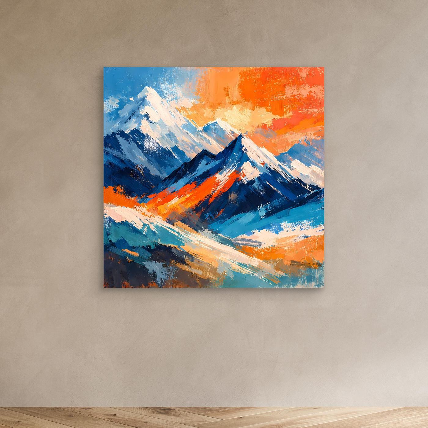 Abstraktes Leinwandbild mit Berggipfeln in Blau- und Orange-Tönen, ohne sichtbaren Rahmen.