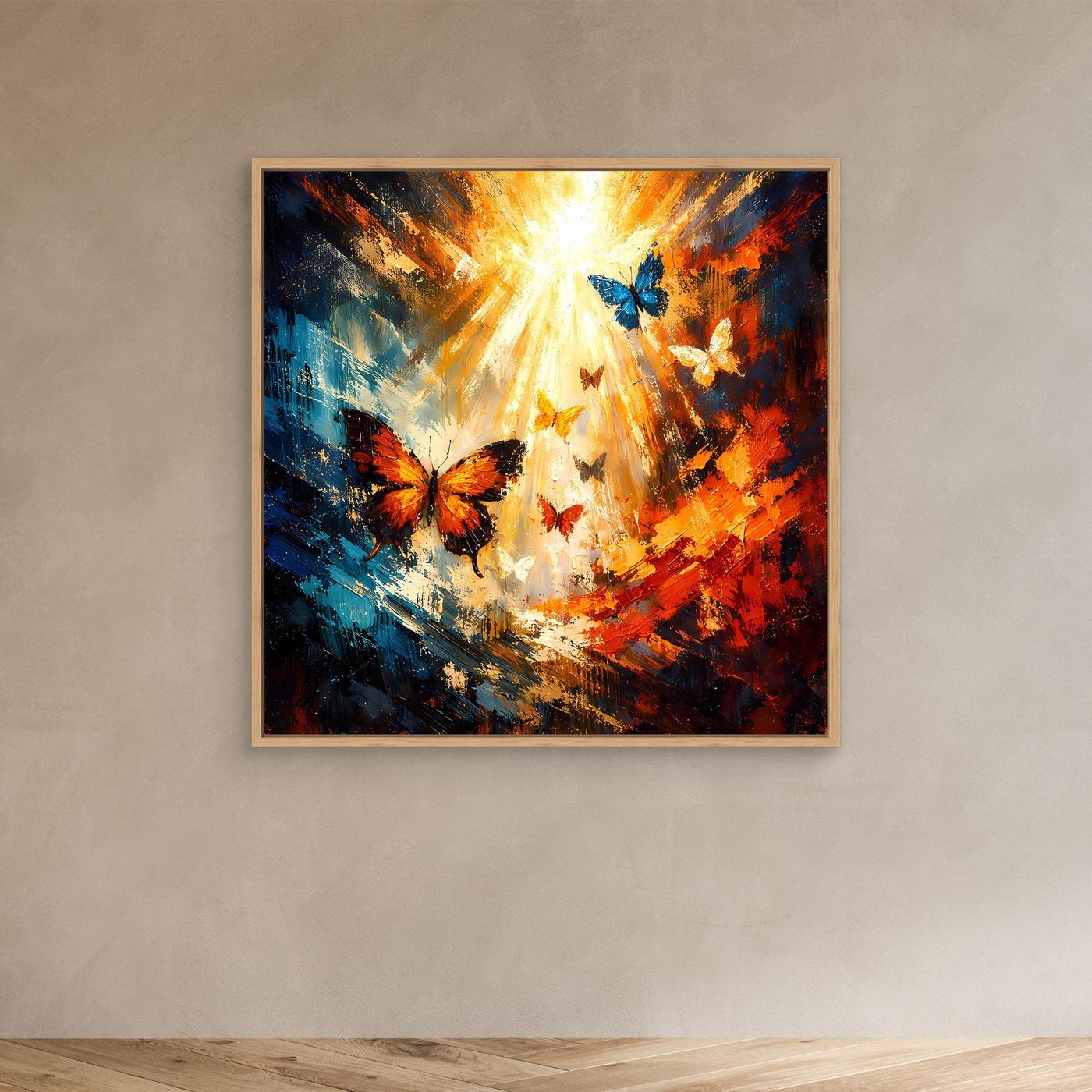 Leinwandbild mit braunem Rahmen, abstrakte Schmetterlinge in Blau-, Orange- und Gelbtönen