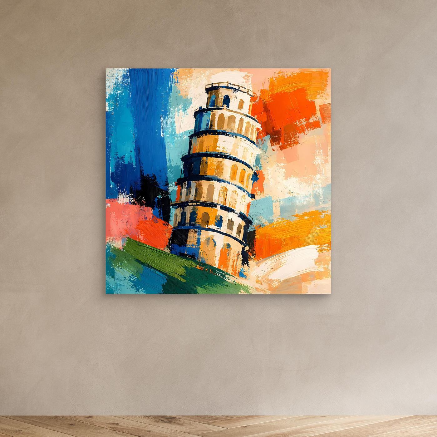 Abstract canvas wall art of Pisa tower with blue, orange, and green paint strokes.