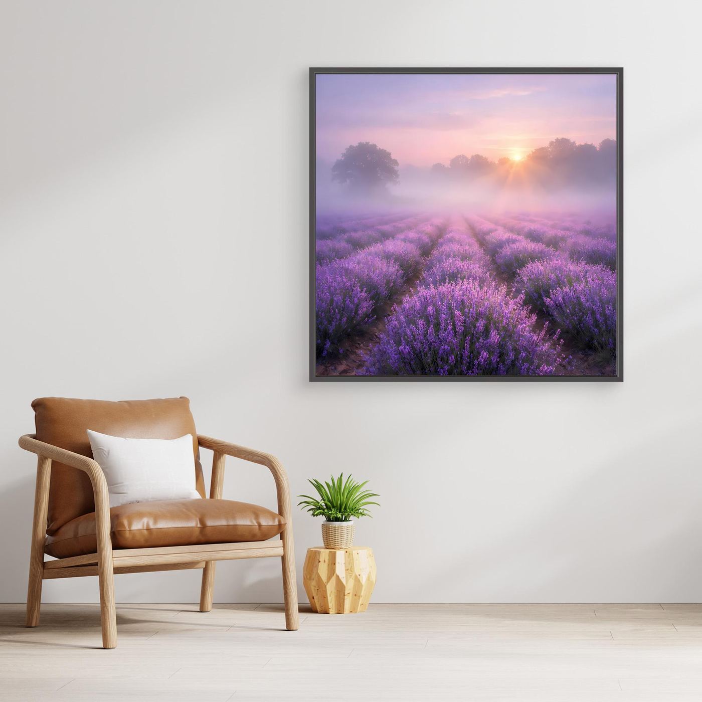 Quadratisches Leinwandbild Lavendelfeld im Nebel mit Sonnenaufgang, schwarzer Rahmen