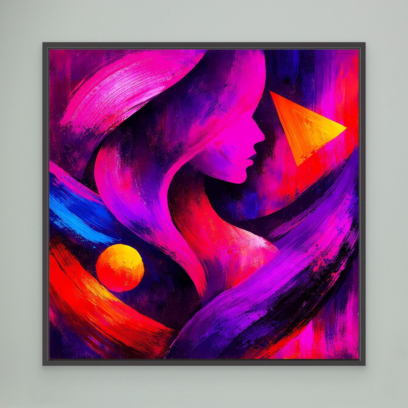 Neon-Leinwandbild: abstrakte Frau im Profil, kräftige pink-violette Farben, orange-gelber Kreis, schwarzer Rahmen