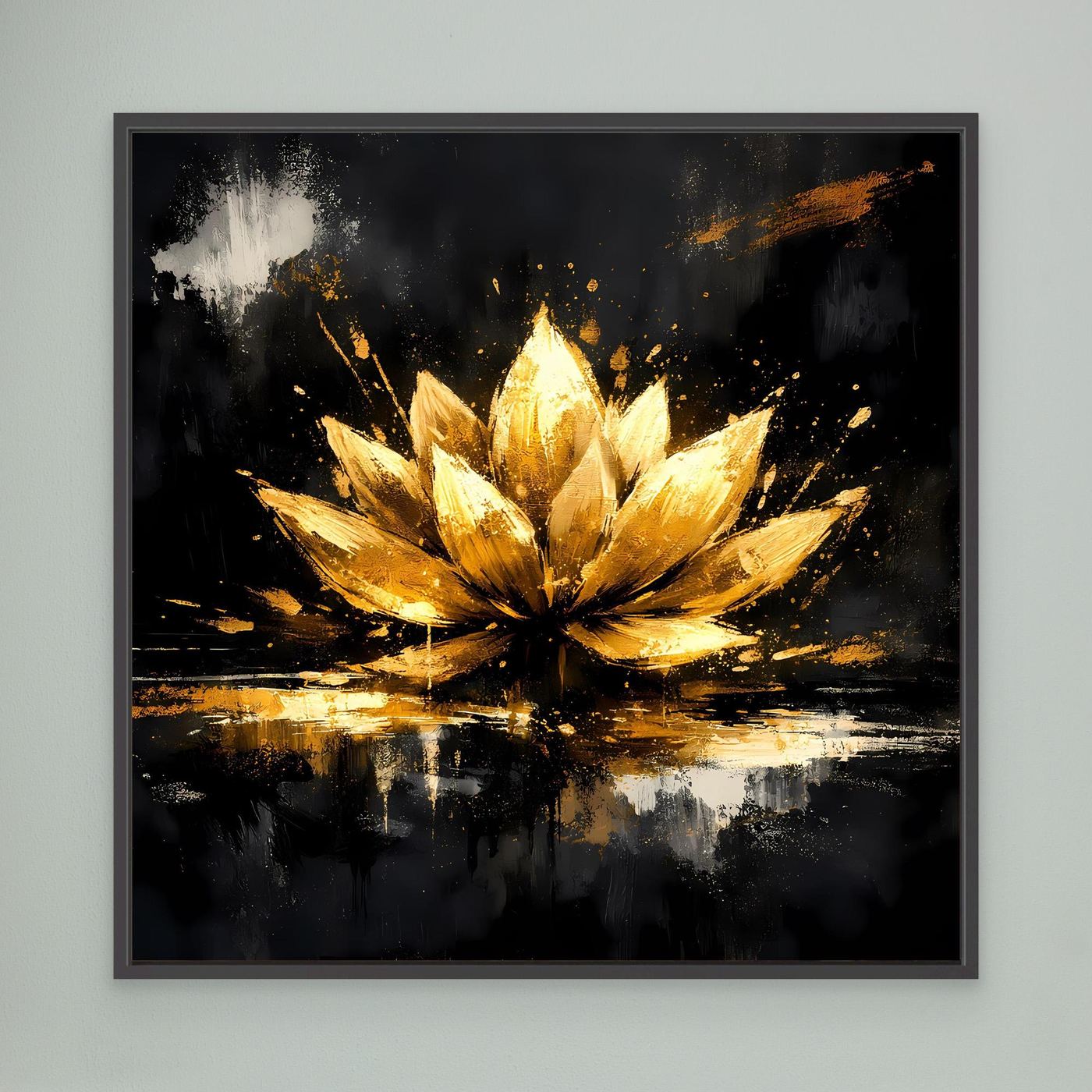 Leinwand Goldene Lotusblüte Abstrakt | Modernes Lotus Wandbild Schwarz Gold