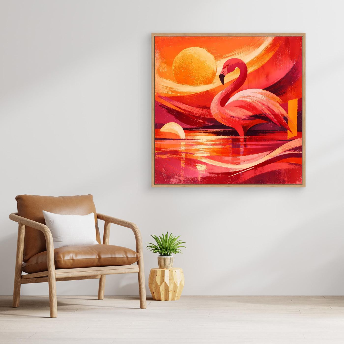 Leinwandbild mit flamingorosa Flamingo vor orange-rotem Sonnenuntergang und Meeresspiegeln