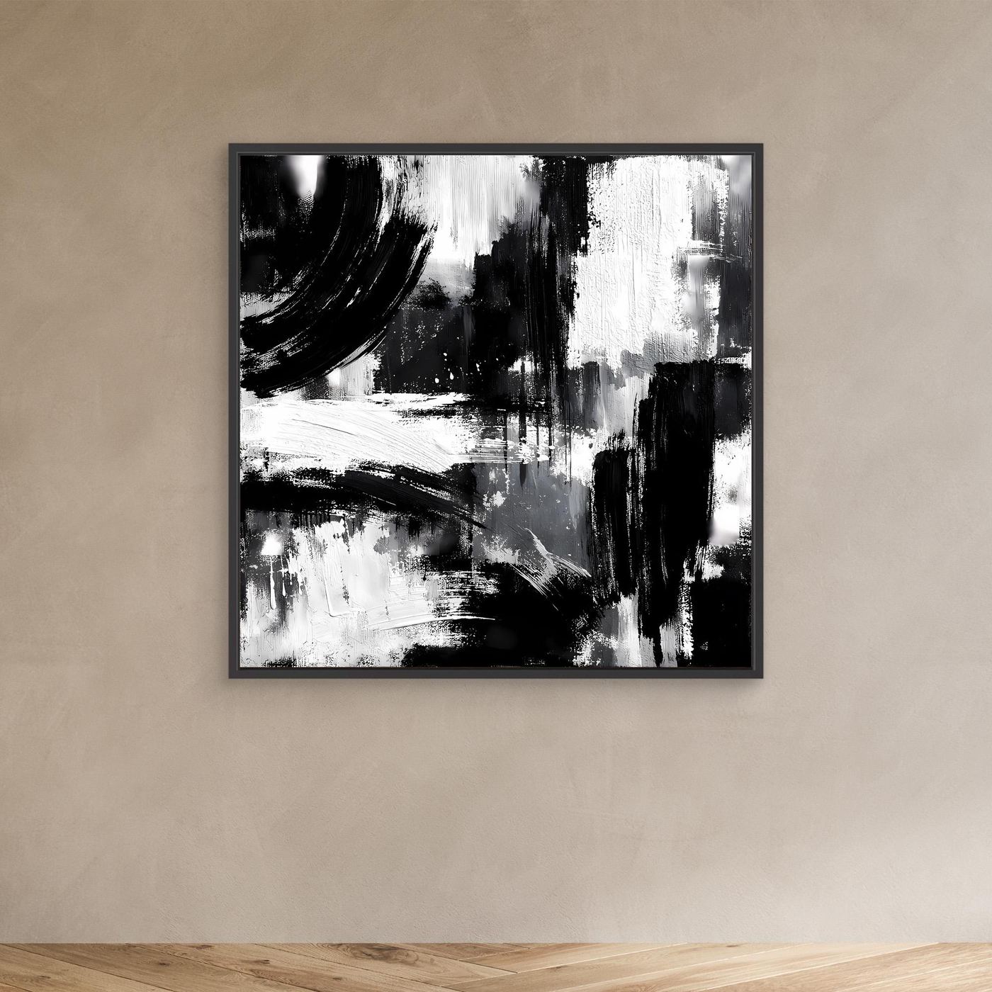 Small abstract black-and-white canvas painting with brush strokes in black frame