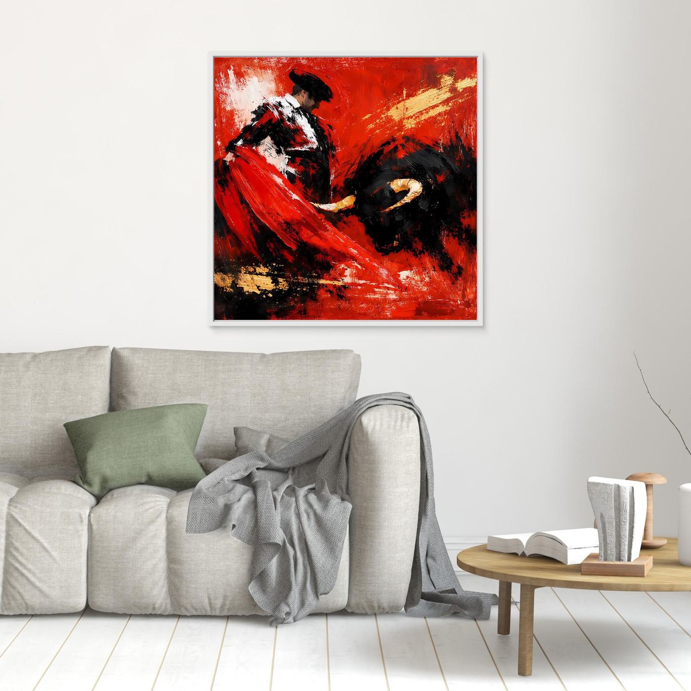 Wandbild: abstrakter Torero und Stier, rote und schwarze Pinselstriche, dunkelgrauer Rahmen