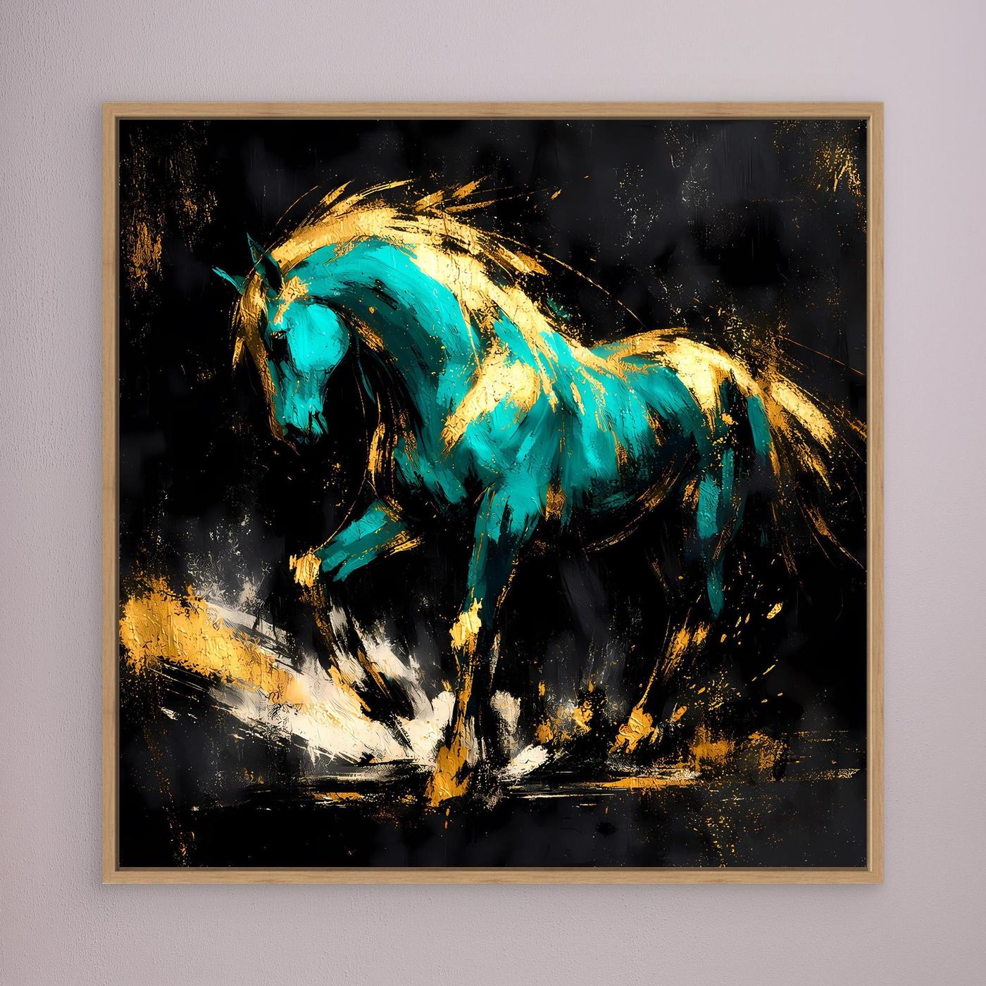 Leinwand Kraftvolles Pferd in Türkis und Gold | Modernes Abstraktes Wildtier Wandbild