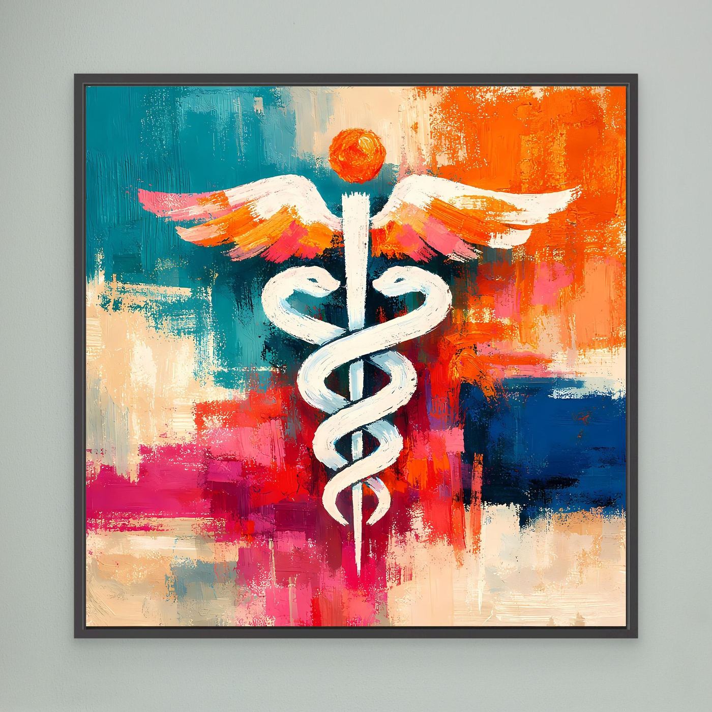 Abstract medical caduceus canvas with wings, colorful brushstrokes, black frame